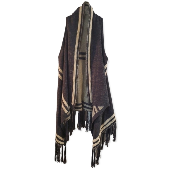 Boho Sleeveless Duster Shawl OS Blue Cream - Picture 1 of 10